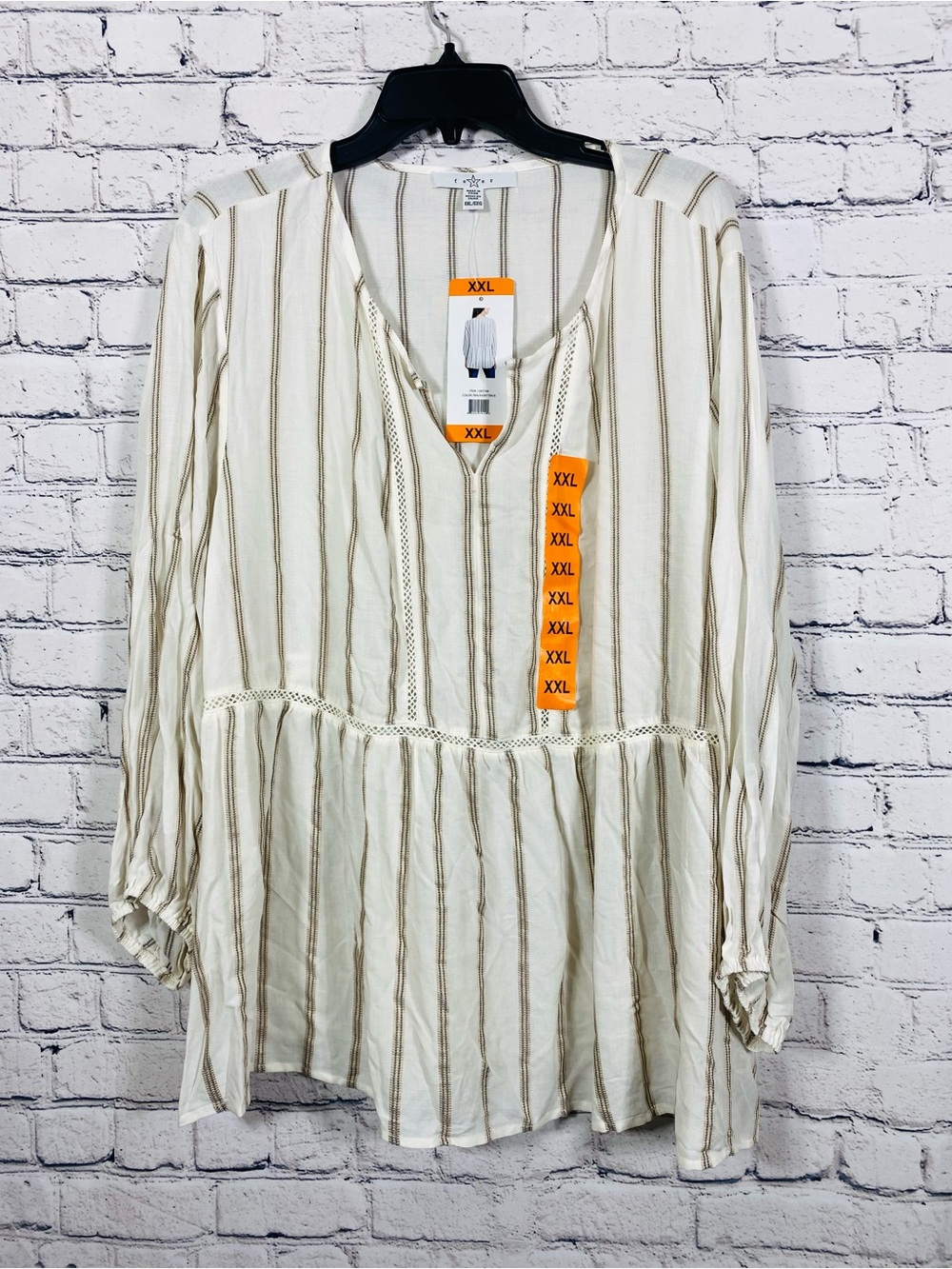 Fever Women's Cream and Tan Striped Peasant Long Sleeve Tunic Top Size XXL